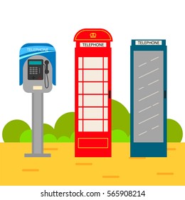 Telephone Booth Cartoon Set. Modern And Old Style Phone Boxes On The Ground.