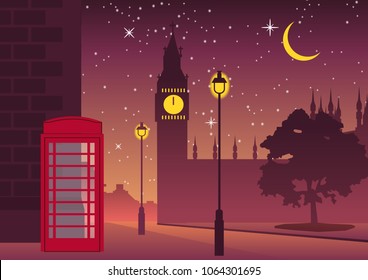 telephone box and Big Ben famous landmark of England,silhouette style