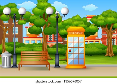 Telephone box in the city park background