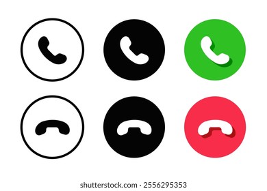 Telephone buttons icons accept and hang up call in different style isolated on white background.