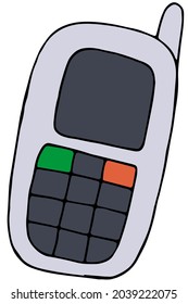 telephone with buttons, screen and antenna for calls and communication, color vector illustration in doodle style with black outline