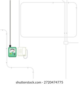 Telefone, linha de cabo e dispositivo de tensão isolados no fundo branco