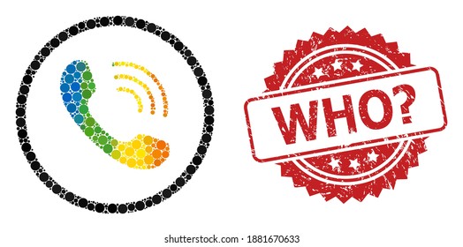 Telephone call collage icon of circle spots in variable sizes and LGBT colored color hues, and Who Question textured rosette stamp. A dotted LGBT-colored Telephone call for lesbians, gays