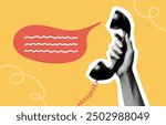 telephone call communication concept collage design with hand holding vintage phone receiver isolated retro dotted halftone element on yellow grunge punk crazy background pop art style