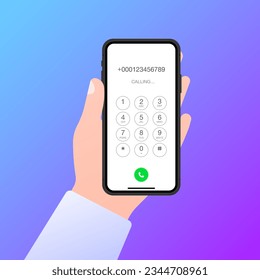 Telephone call. Flat, color, phone in hand, call on the screen, call to a friend. Vector illustration