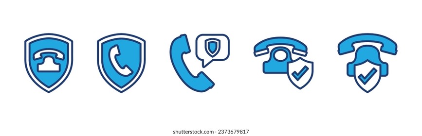 Telephone call security icons. Call protection icon symbol. Phone, communication, contact us with shield and check mark. Vector illustration