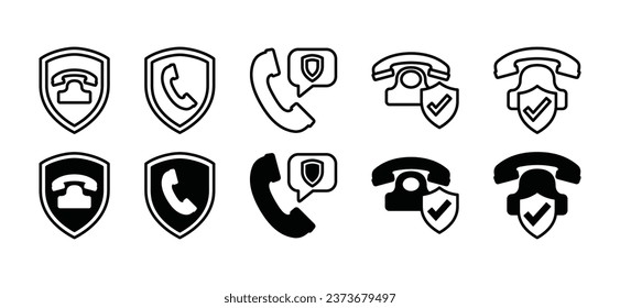 Telephone call security thin line icons. Call protection icon symbol. Phone, communication, contact us with shield and check mark. Vector illustration