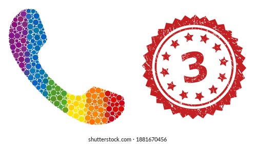 Telephone collage icon of circle dots in different sizes and LGBT colored color tints, and 3 dirty rosette stamp. A dotted LGBT-colored Telephone for lesbians, gays, transgenders, and bisexuals.