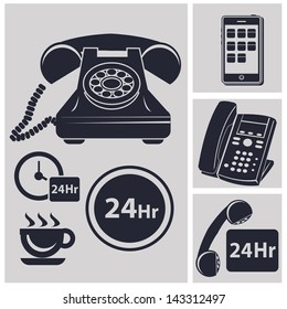 Telephone collection and 24 hr service icons,vector