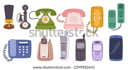 Telephone Collection Showcases An Array Of Vintage Rotary, Push-button and Modern Digital Models, Each Telling A Story Of Communication Evolution With Retro Elegance. Cartoon Vector Illustration