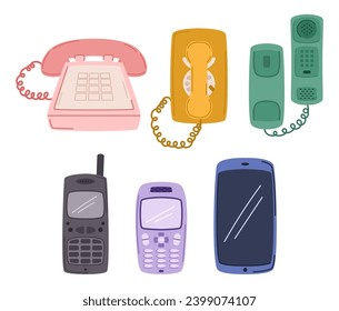 Telephone Collection Showcases A Diverse Array Of Vintage Rotary, Push-button And Digital Models, Capturing The Evolution Of Communication Technology Retro Designs. Cartoon Vector Illustration