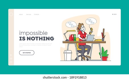 Telephone Communication, Call Operator Landing Page Template. Office Worker Business Woman or Freelancer Character Working on Laptop Sit at Table Workplace Talking by Phone. Linear Vector Illustration