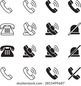 Telephone communication icon collection isolated on white background featuring call handset contact support and customer service