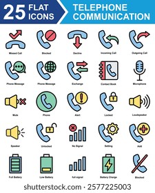 Telephone Communication Icon Set Collection. Containing Missed Call, Blocked, Decline,  Incoming Call, Outgoing Call, Phone Message, Exchange, Contact Book, Setting. Simple Flat Vector Illustration.