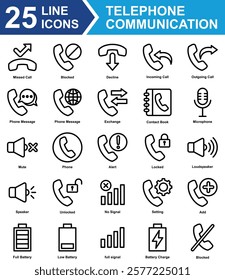 Telephone Communication Icon Set Collection. Containing Missed Call, Blocked, Decline,  Incoming Call, Outgoing Call, Phone Message, Exchange, Contact Book, Setting. Simple Line Vector Illustration.