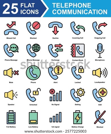 Telephone Communication Icon Set Collection. Containing Missed Call, Blocked, Decline,  Incoming Call, Outgoing Call, Phone Message, Exchange, Contact Book, Setting. Simple Flat Vector Illustration.