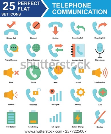 Telephone Communication Icon Set Collection. Containing Missed Call, Blocked, Decline,  Incoming Call, Outgoing Call, Phone Message, Contact Book, Setting. Simple Perfect Flat Vector Illustration.