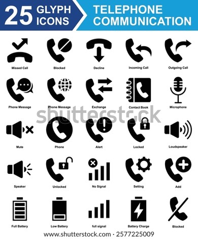 Telephone Communication Icon Set Collection. Containing Missed Call, Blocked, Decline,  Incoming Call, Outgoing Call, Phone Message, Exchange, Contact Book, Setting. Simple Glyph Vector Illustration.