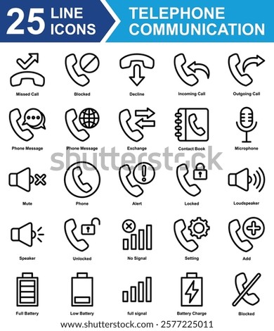 Telephone Communication Icon Set Collection. Containing Missed Call, Blocked, Decline,  Incoming Call, Outgoing Call, Phone Message, Exchange, Contact Book, Setting. Simple Line Vector Illustration.