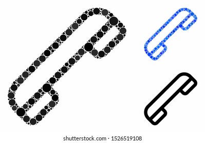 Telephone composition for telephone icon of small circles in different sizes and color hues. Vector small circles are composed into blue composition. Dotted telephone icon in usual and blue versions.