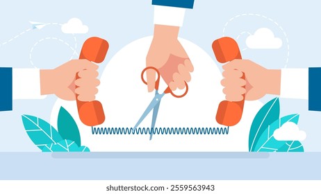 Telephone cord being cut by scissors. Broken connection on the phone. No signal. Problems with router, network or communication tower. No or weak, error of connection. Vector illustration