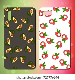 telephone cover design with sweet avocado and lychee. Original phone back design with avocado and lychee. phone case example or template