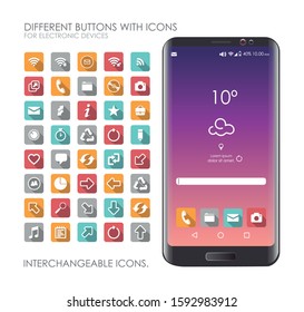 Telephone device with buttons to exchange. Image of a real mobile with applications. Editable vector.