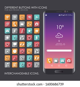 Telephone device with buttons to exchange. Image of a real mobile with applications. Editable vector.