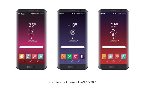 Telephone devices. Three images of mobiles. Image of a mobile phone with its applications, to exchange. Call, messaging, camera and file gallery applications. Real Image Editable Vector