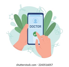 Ilustración vectorial de concepto plano del médico del teléfono. Llamar terapeuta. Objetos de dibujos animados 2D editables sobre blanco para diseño web. Idea creativa para sitio web, móvil, presentación. Fuente de Bahnschrift utilizada