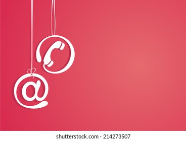 Telephone and email icons. Red background. Vector illustration.