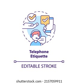 Telefonische Etiquette-Konzeptsymbol. Callcenter. Kundenservice. Business-Etiquette abstrakte Idee dünne Linie Illustration. Einzeln Umrisszeichnung. Bearbeitbarer Strich. Arial, Myriad Pro Fett Schriftarten verwendet