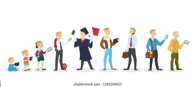 Telephone Evolution. Different Generations Use Different Phone. Technology Progress And Connection Improvement. Man In Different Ages From Baby To Elederly Person. Vector Illustration In Cartoon Style