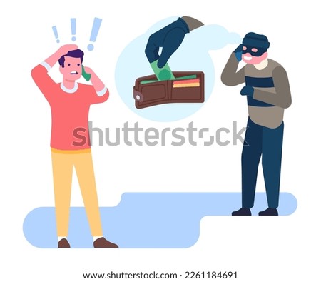 Telephone fraud to take money from people. Scammer calling on phone to steal finance. Banknotes theft from wallet. Robbery by cellphone communication. Man paying to