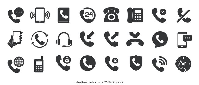 Glifo telefónico colección de iconos sólidos. Contiene llamadas, comunicación, rechazo de llamadas, chat, contacto. Icono mínimo y Ilustración vectorial de la serie de símbolos