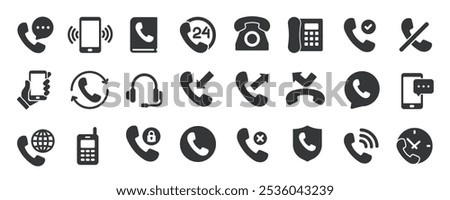 Telephone glyph solid icons collection. Containing calling, communication, call reject, chat, contact . Minimal icon and symbol series vector illustration
