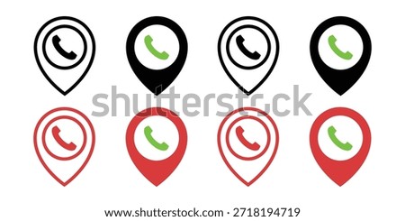 Telephone handset location pin icon set, flat vector illustration of phone GPS map pointer symbols in black and red colors for contact address, customer service center, and call shop isolated on white background.