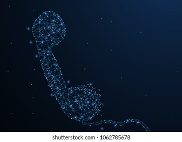 Telephone handset. Low poly wireframe mesh with crumbled edge and looks like constellation on dark blue background with dots and stars. Contact, telecommunication symbol. Illustration or background