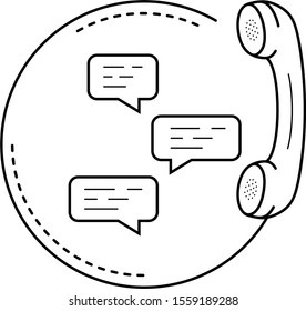 Telephone handset with speech bubbles. Vector outline icon.