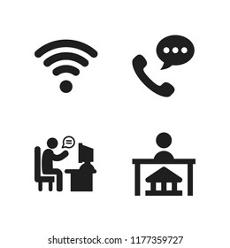 telephone icon. 4 telephone vector icons set. man on his desk in chat with a client, customer service and call icons for web and design about telephone theme