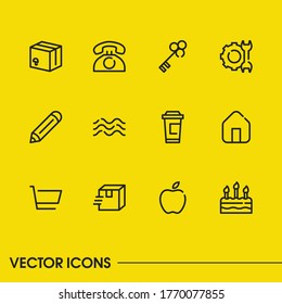 Telephone icon with cake, house and box symbols. Set of parcel, package, delivery icons and call concept. Editable vector elements for logo app UI design.
