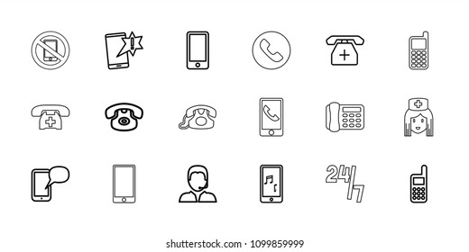 Telephone icon. collection of 18 telephone outline icons such as desk phone, important message, medical phone, support. editable telephone icons for web and mobile.