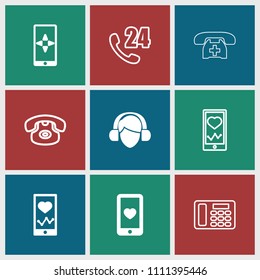 Telephone icon. collection of 9 telephone filled and outline icons such as heartbeat on phone, heart mobile, 24 hours support. editable telephone icons for web and mobile.
