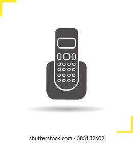 Telephone icon. Drop shadow cordless phone icon. Wireless telephone. Isolated cordless phone black illustration. Telephone logo concept. Vector silhouette digital dect phone with charging station