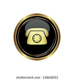 Telephone icon on the black with gold round button. Vector illustration