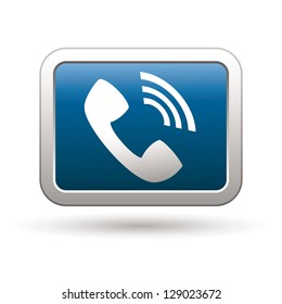 Telephone icon on the blue with silver rectangular button. Vector illustration