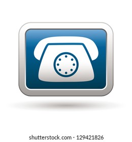 Telephone icon on the blue with silver rectangular button. Vector illustration