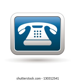 Telephone icon on the blue with silver rectangular button. Vector illustration