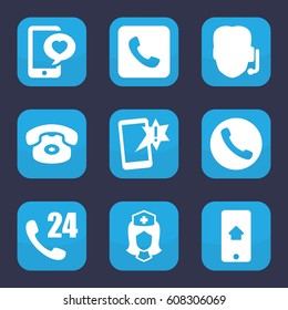 Telephone icon. set of 9 filled telephone icons such as nurse, phone with heart, call, home on phone display, 24 hours support, support, important message