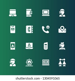 telephone icon set. Collection of 16 filled telephone icons included Tower, Laptop, London eye, Call center, Phone, Smartphone, Calling, Contact book
